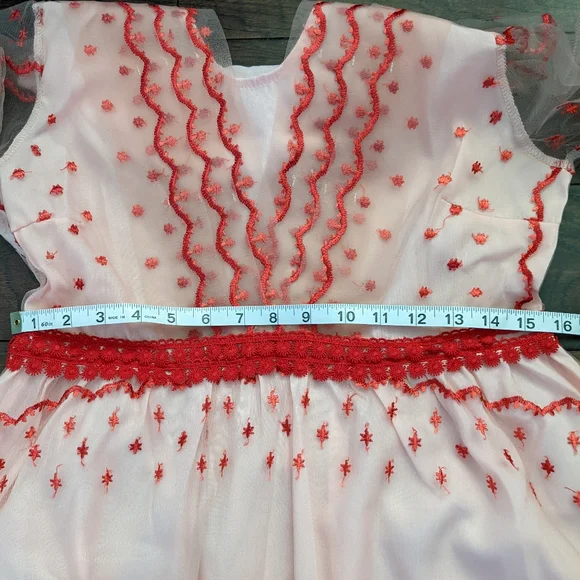 NWOT Pink and Red Lace Dress w Bell Sleeves Sweet & Unique - Picture 6 of 7